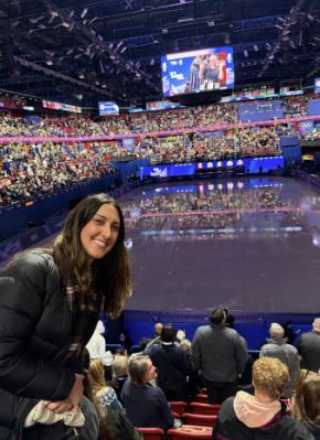 Jess, founder of Crowd Wear, in the stands at the 2026 Winter Games in Milan